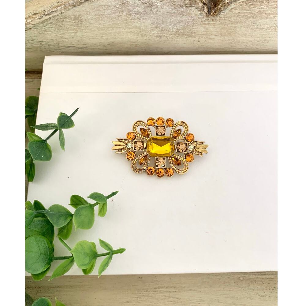 Vintage Amber Citrine Tone Rhinestone Brooch Gold Tone Statement Pin Cocktail